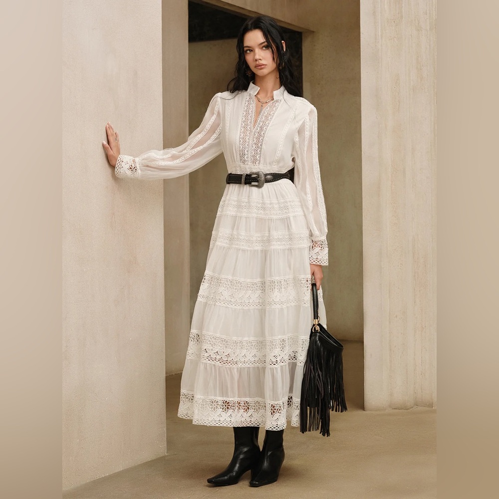 Commense White Long Sleeve Lace Maxi Dress